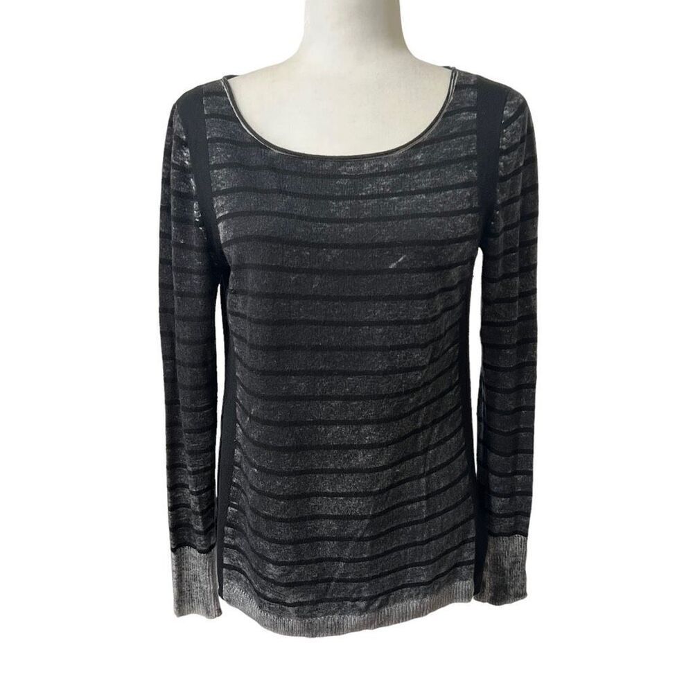 White + Warren Lightweight Scoop Neck Long-Sleeve Sweater Black & Gray Striped S